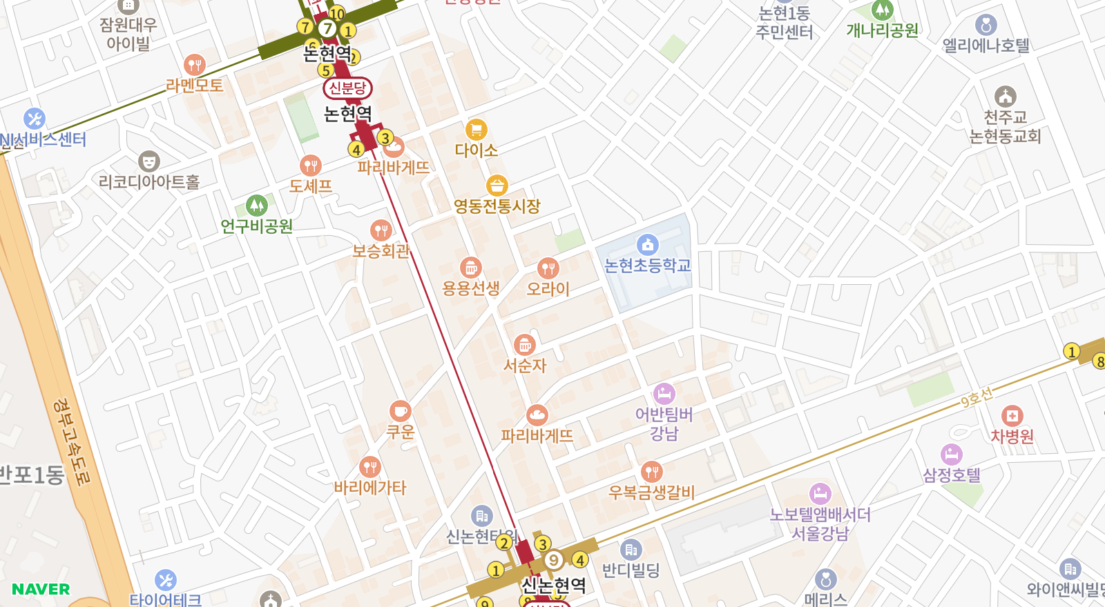 논현동 일대 지도