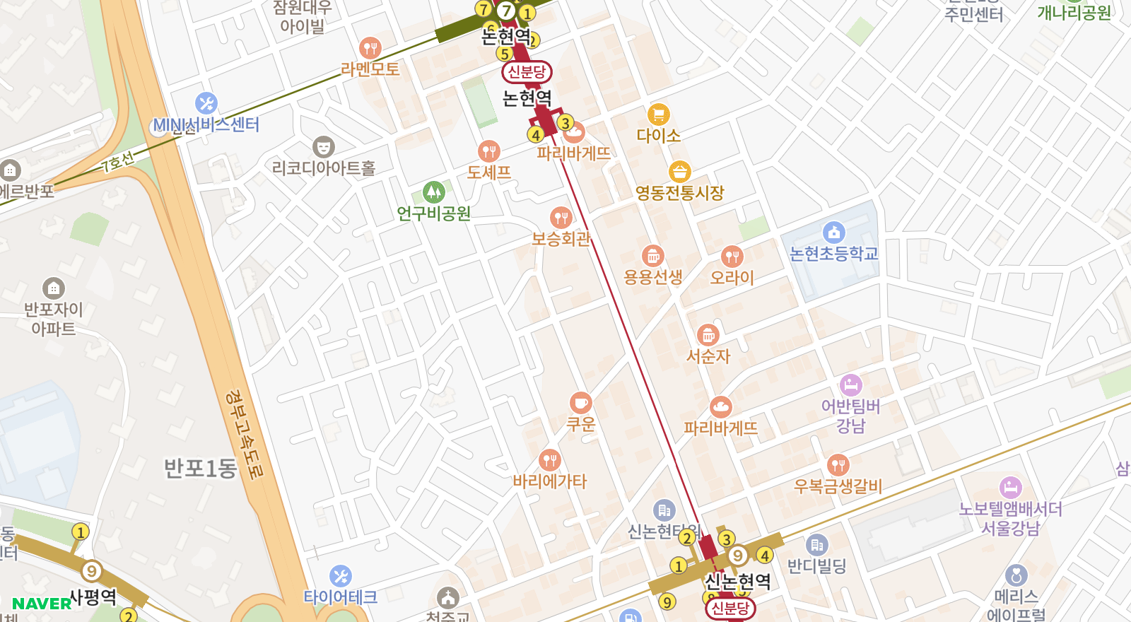 논현동 일대 지도