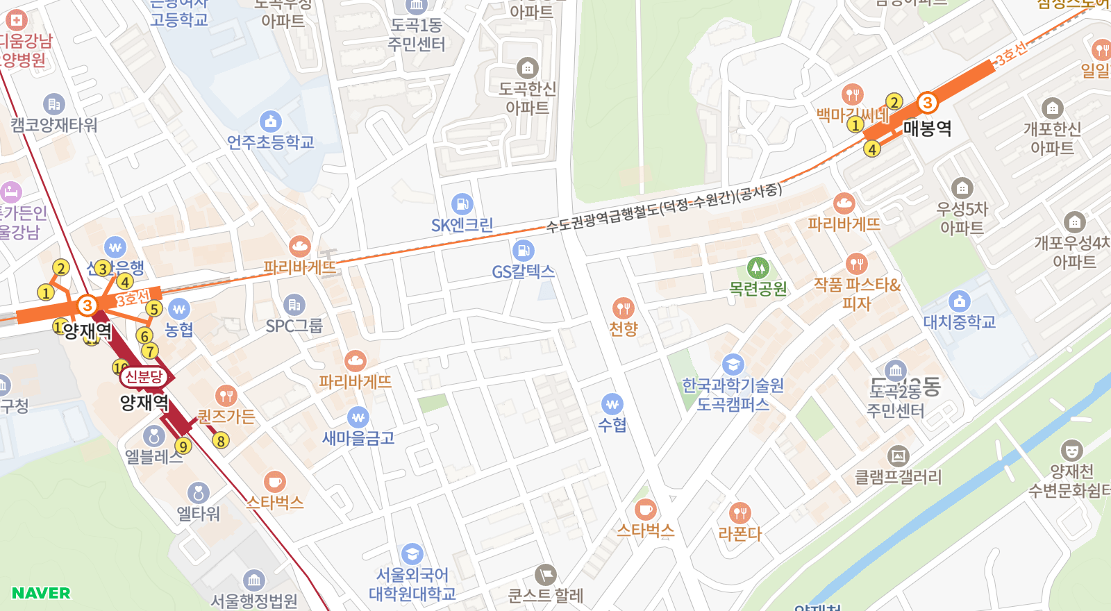 양재동 일대 지도