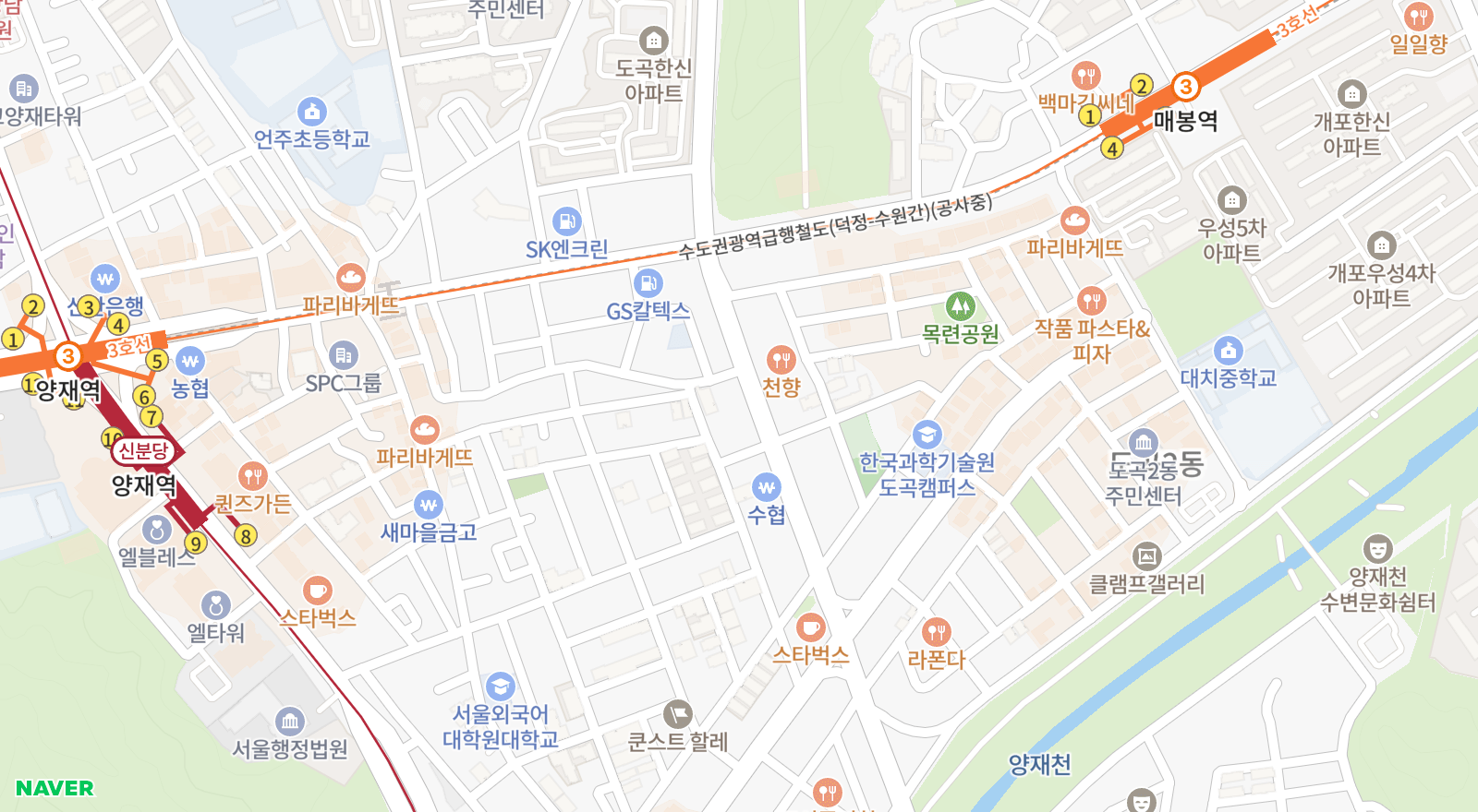 양재동 일대 지도