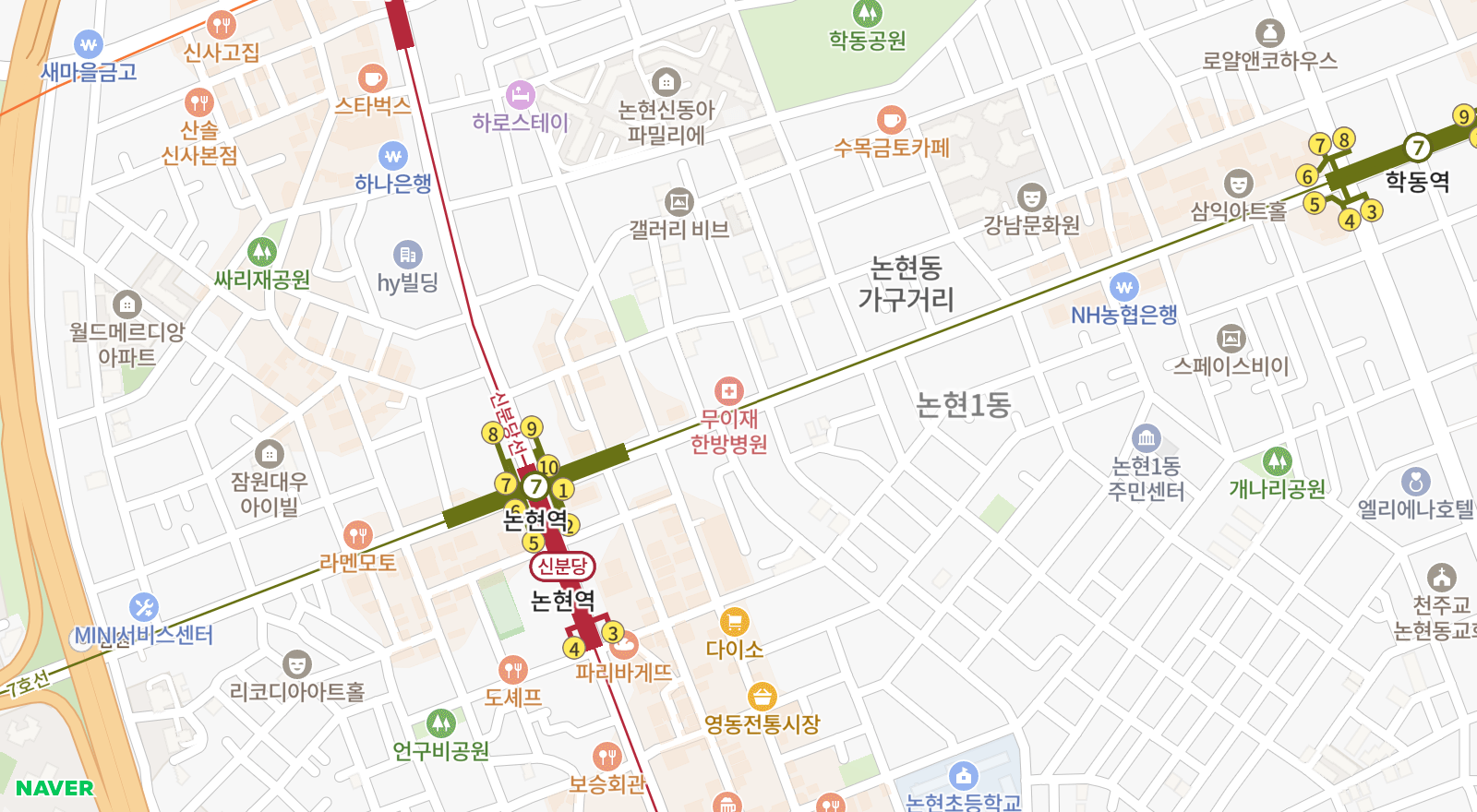 논현동 일대 지도